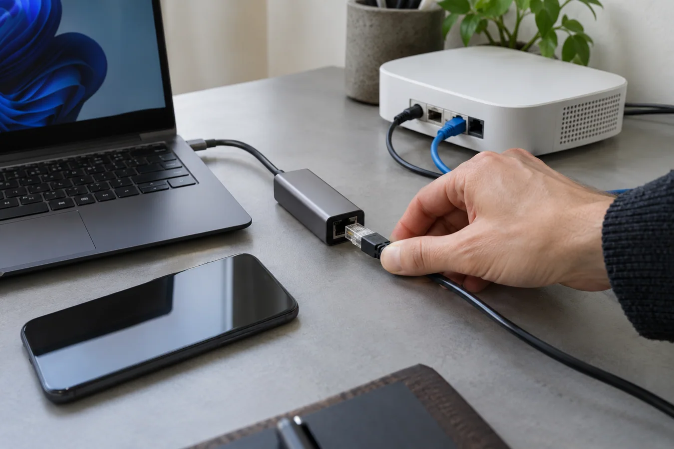 安装准备区域中一只手将网线连接到笔记本旁的USB-C网络适配器
